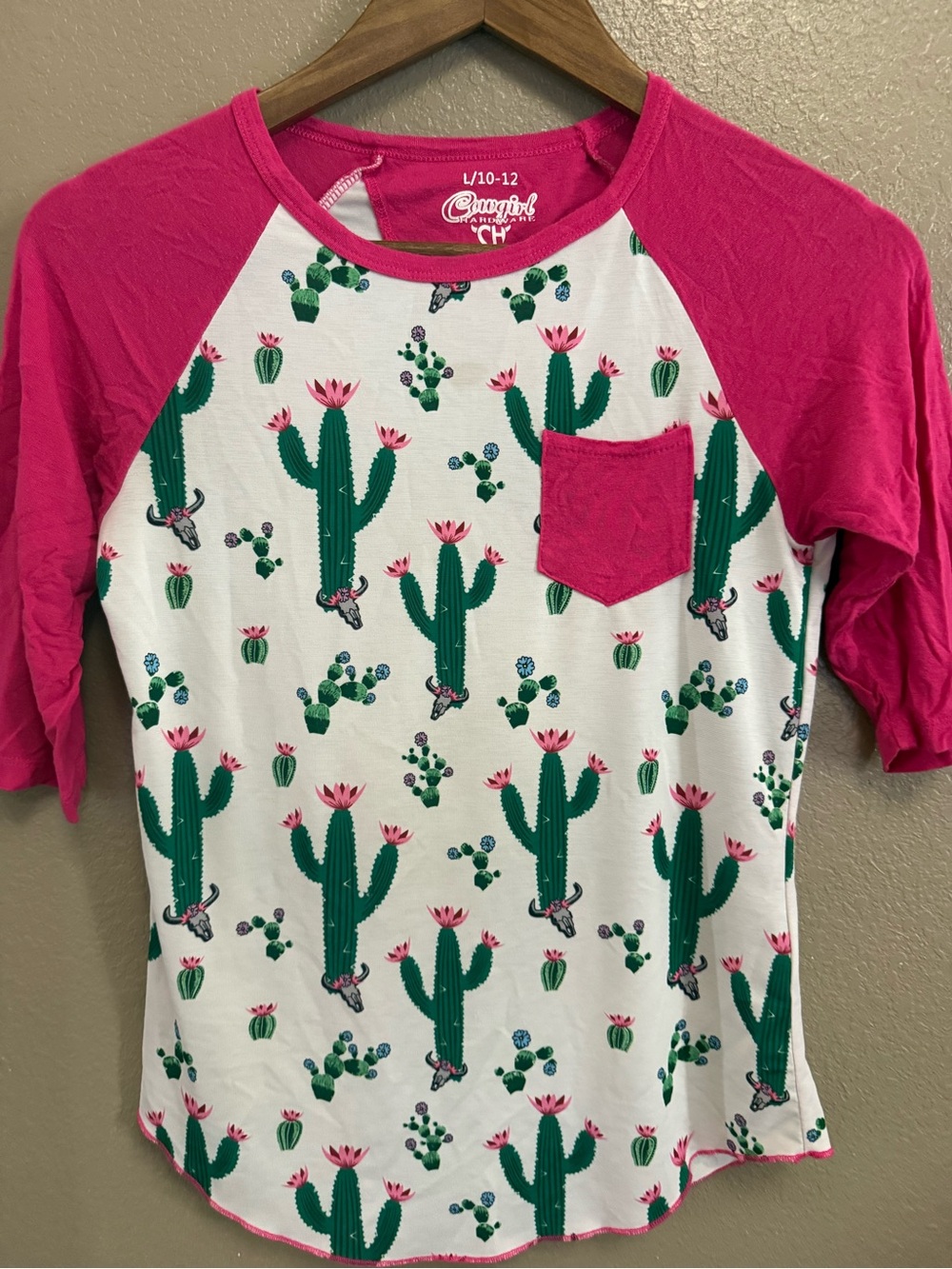 Girls' Hot Pink Sleeve Cactus Pocket Raglan Top